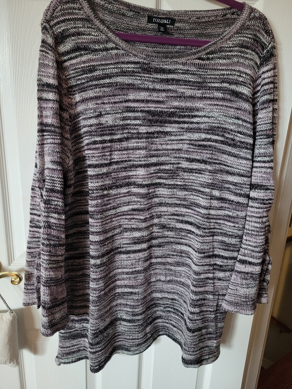 Roz & Ali Black, Gray and Lavender Marled Scoop Neck Sweater